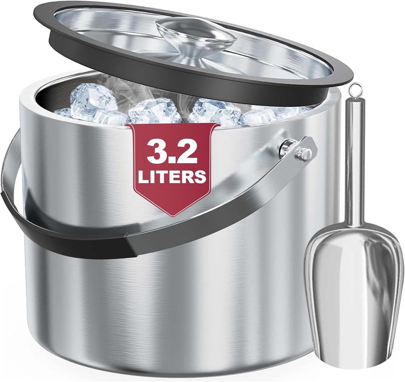 Five Home 3.2L Double Wall Stainless Steel Ice Bucket with Lid,Scoop, Updated Insulated Ice Bucket for Cocktail Bar and Parties - Image 1